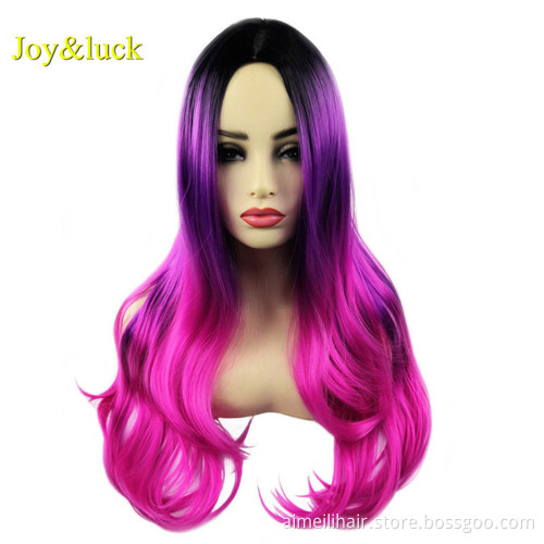 Long Natural Wavy Wig for Women Middle Part Daily Hair or Halloween Party Cosplay Wig Black Ombre Purple Synthetic Hair Wigs